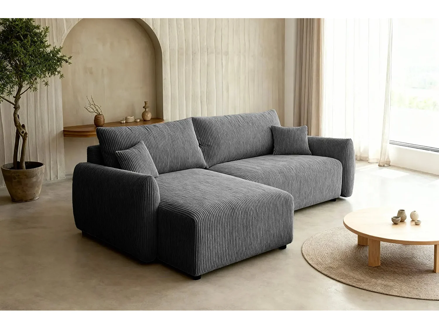 ELIO - Canapé d'angle convertible petit velours côtelé 4 places - Gris foncé