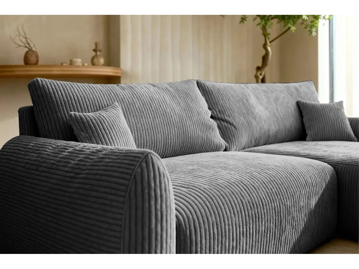 ELIO - Canapé d'angle convertible petit velours côtelé 4 places - Gris foncé