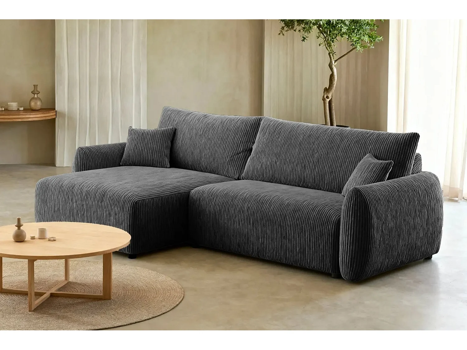ELIO - Canapé d'angle convertible petit velours côtelé 4 places - Gris foncé
