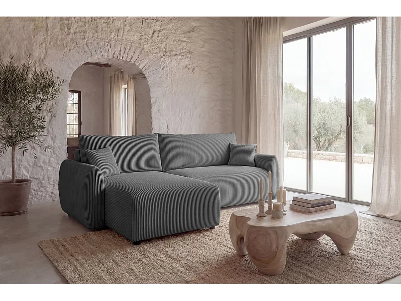 ELIO - Canapé d'angle convertible petit velours côtelé 4 places - Gris foncé