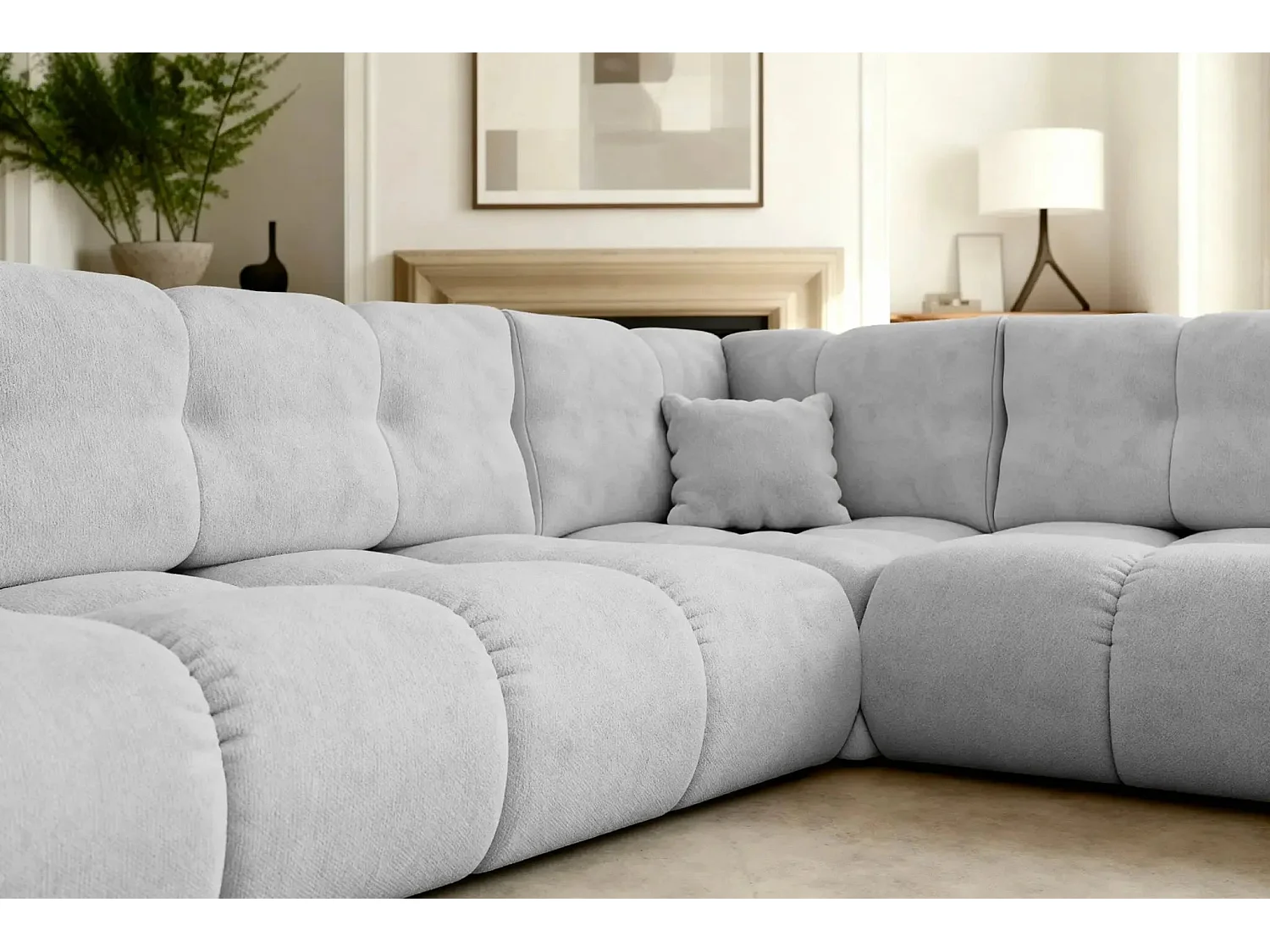 CONSTANCE L - Canapé d'angle convertible tissu chenille 4 places - Gris clair - Droit