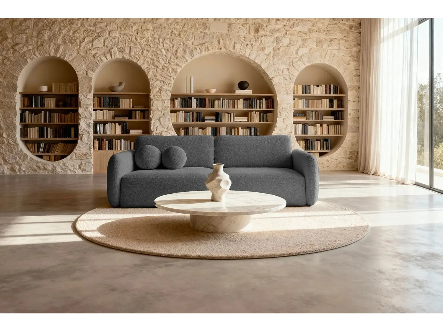 GIGI - Canapé droit convertible tissu bouclette 3 places - Gris foncé