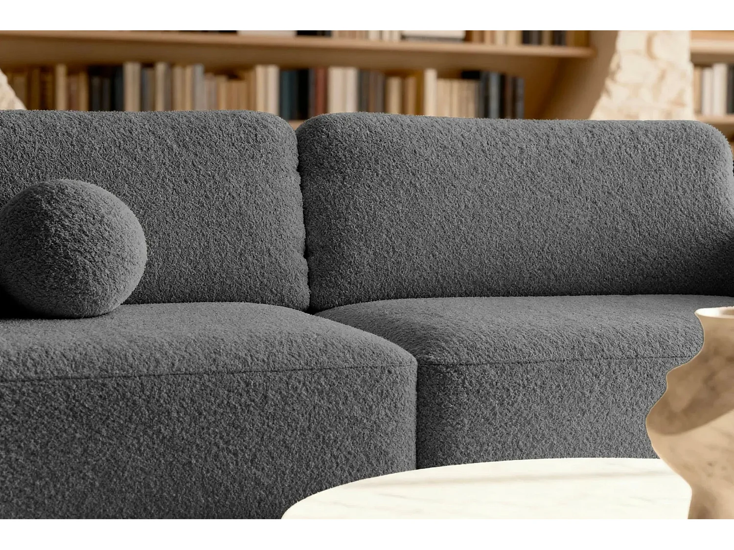 GIGI - Canapé droit convertible tissu bouclette 3 places - Gris foncé