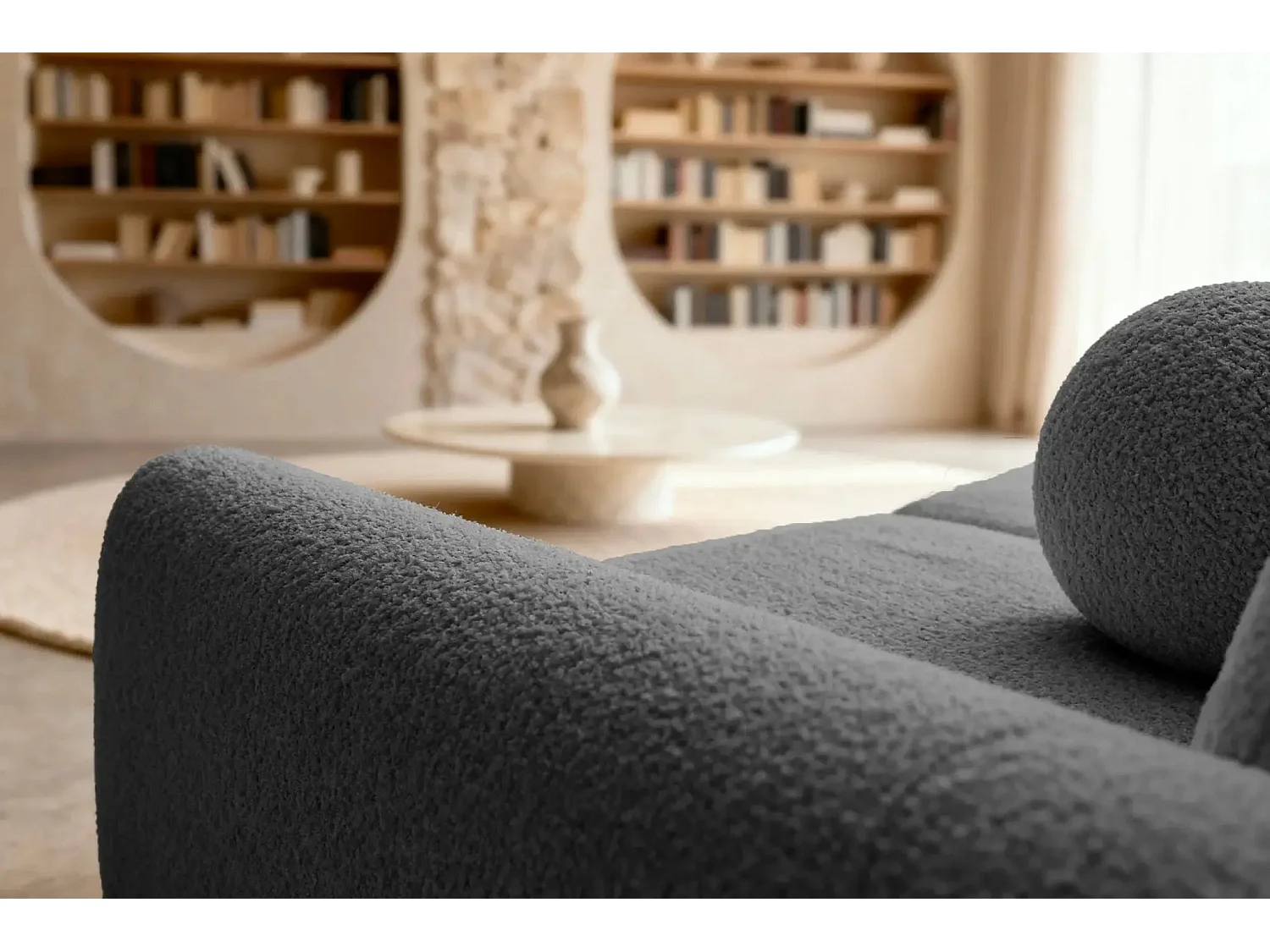 GIGI - Canapé droit convertible tissu bouclette 3 places - Gris foncé