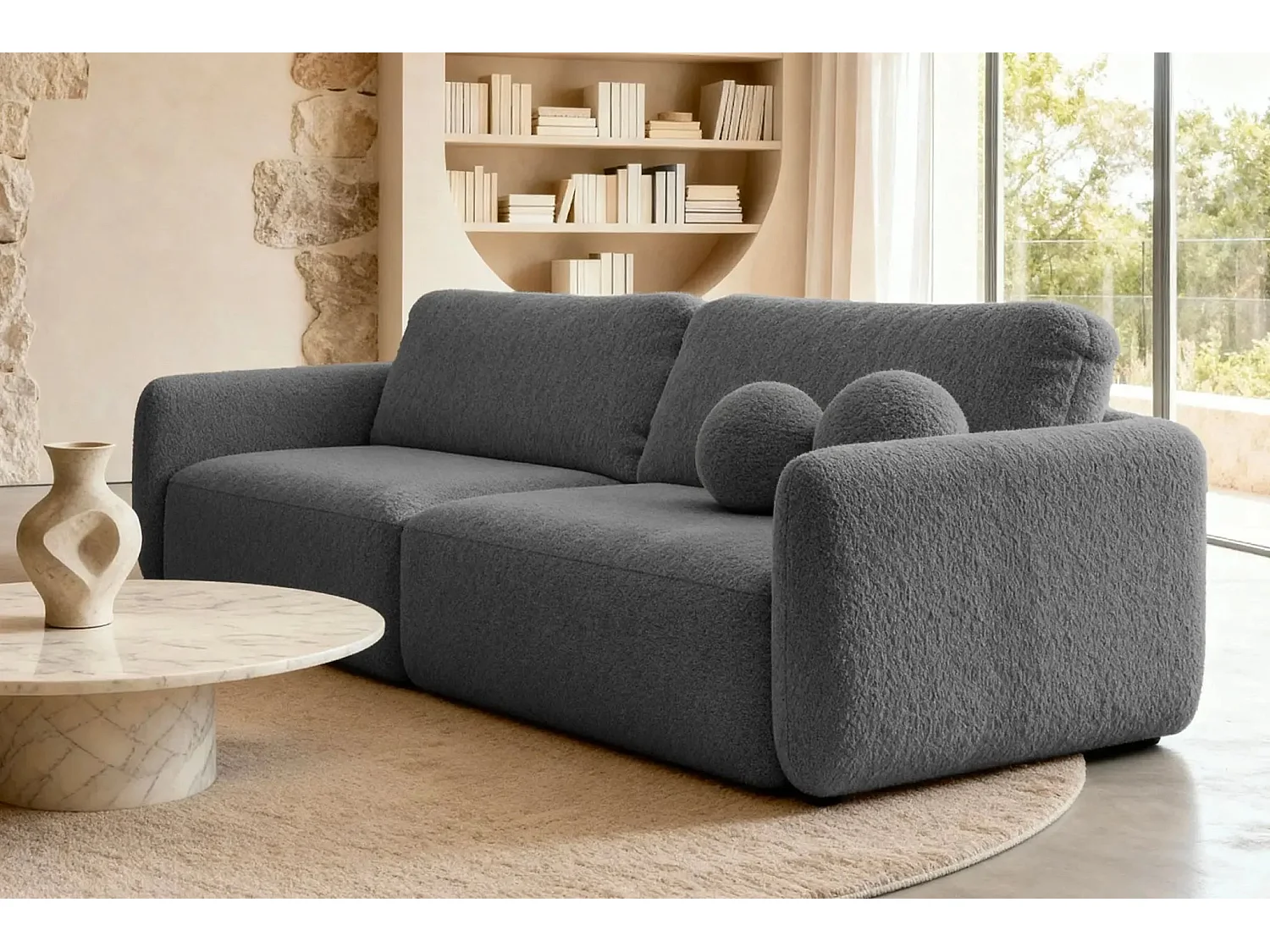 GIGI - Canapé droit convertible tissu bouclette 3 places - Gris foncé