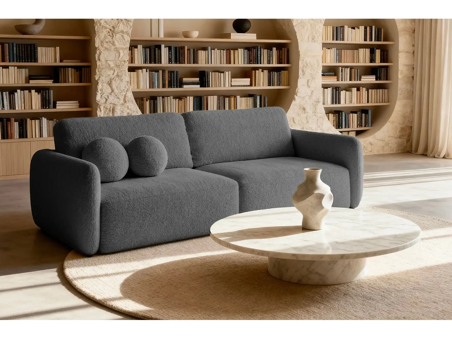 GIGI - Canapé droit convertible tissu bouclette 3 places - Gris foncé