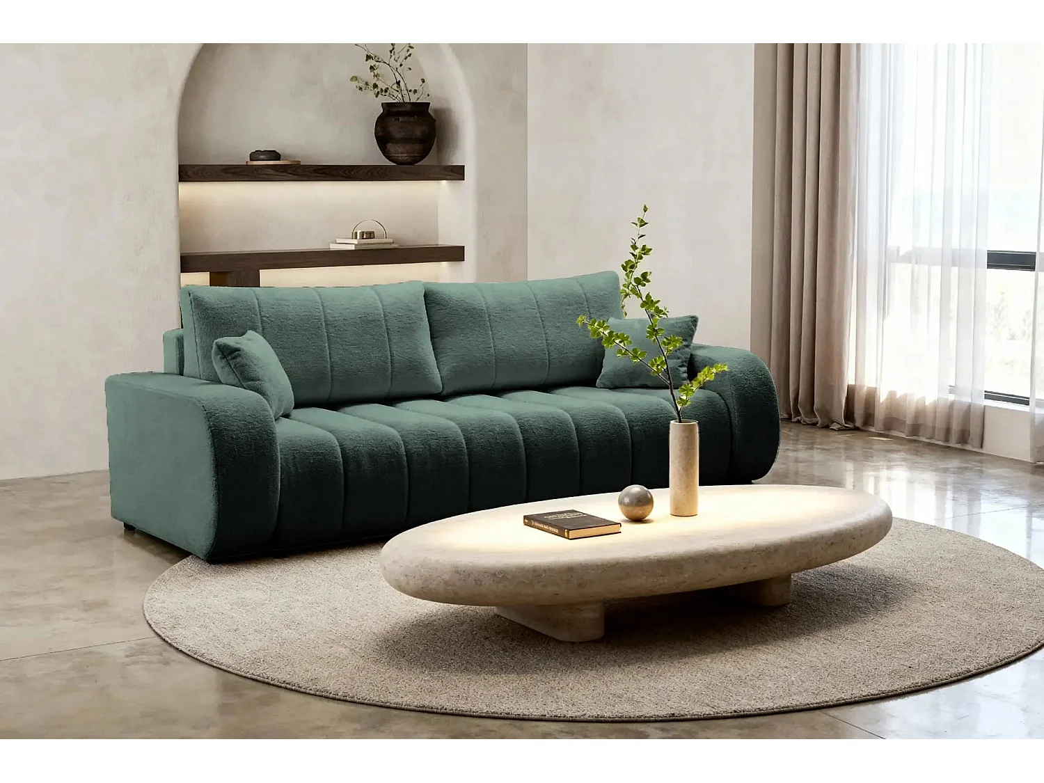 CELESTE - Canapé droit convertible tissu bouclette 3 places - Vert