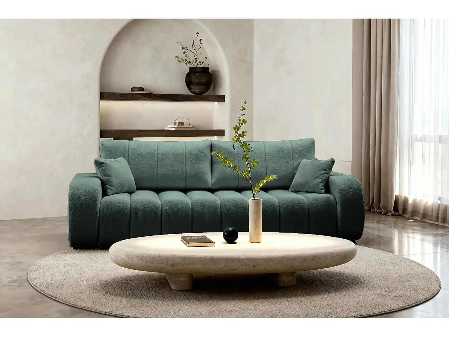 CELESTE - Canapé droit convertible tissu bouclette 3 places - Vert