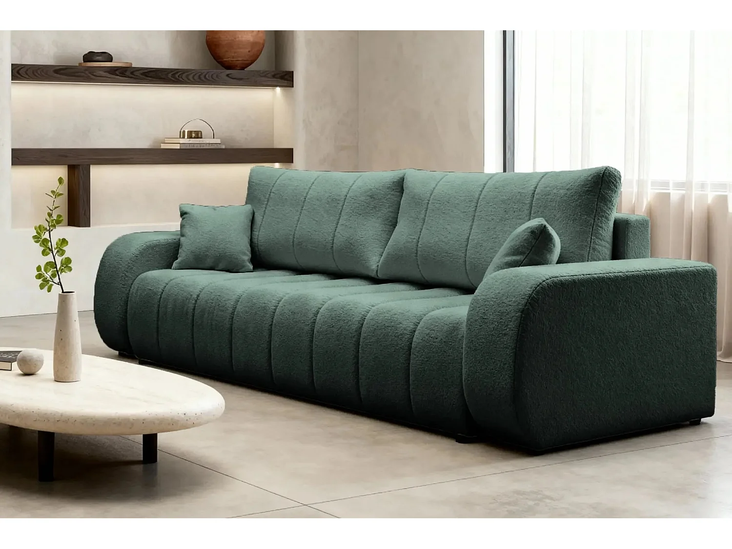 CELESTE - Canapé droit convertible tissu bouclette 3 places - Vert