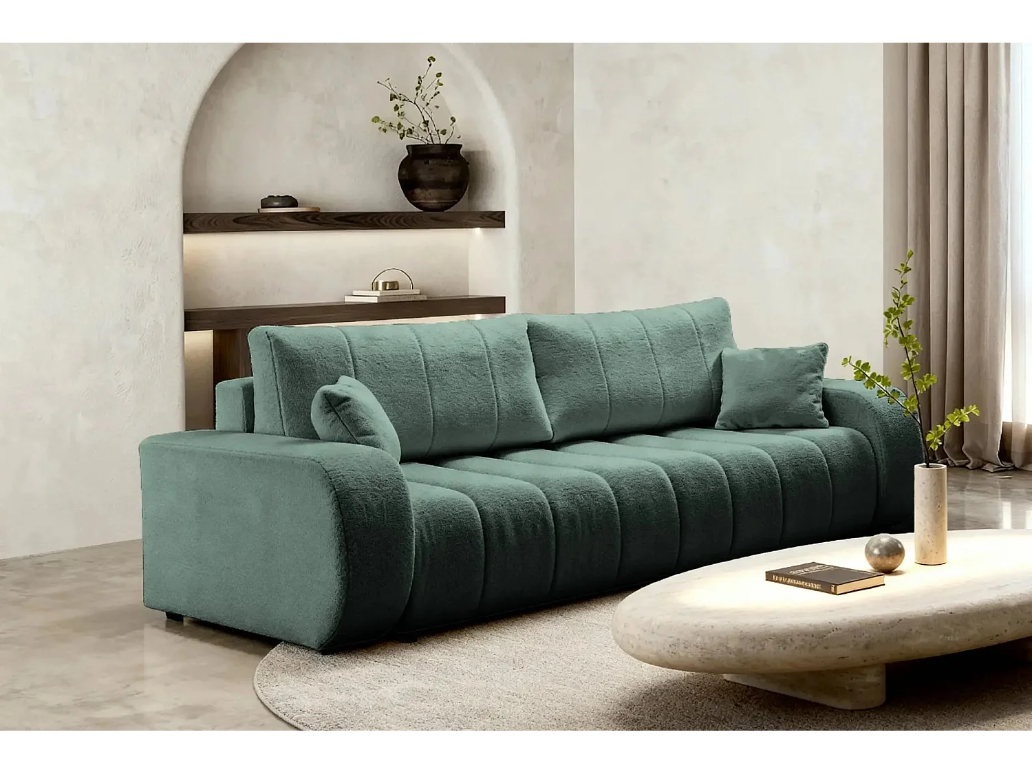 CELESTE - Canapé droit convertible tissu bouclette 3 places - Vert