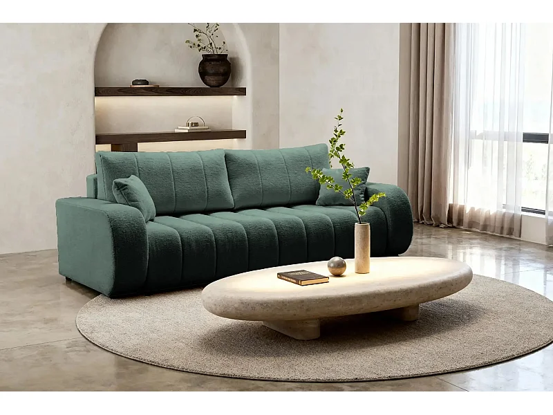 CELESTE - Canapé droit convertible tissu bouclette - Vert