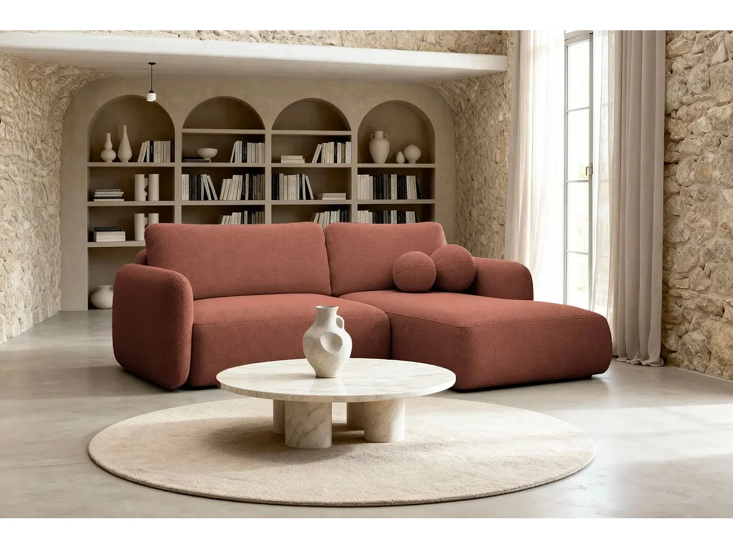 GIGI - Canapé d'angle convertible tissu bouclette 4 places - Terracotta - Droit