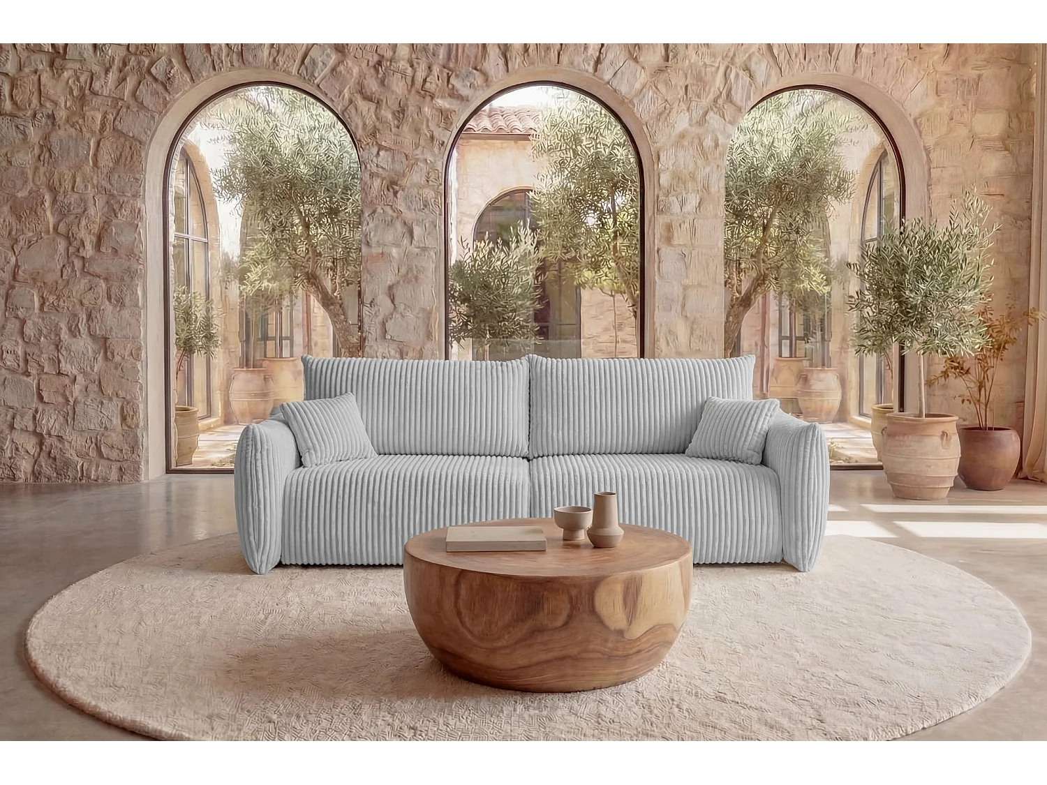 ELIO - Canapé droit convertible gros velours côtelé - Gris clair