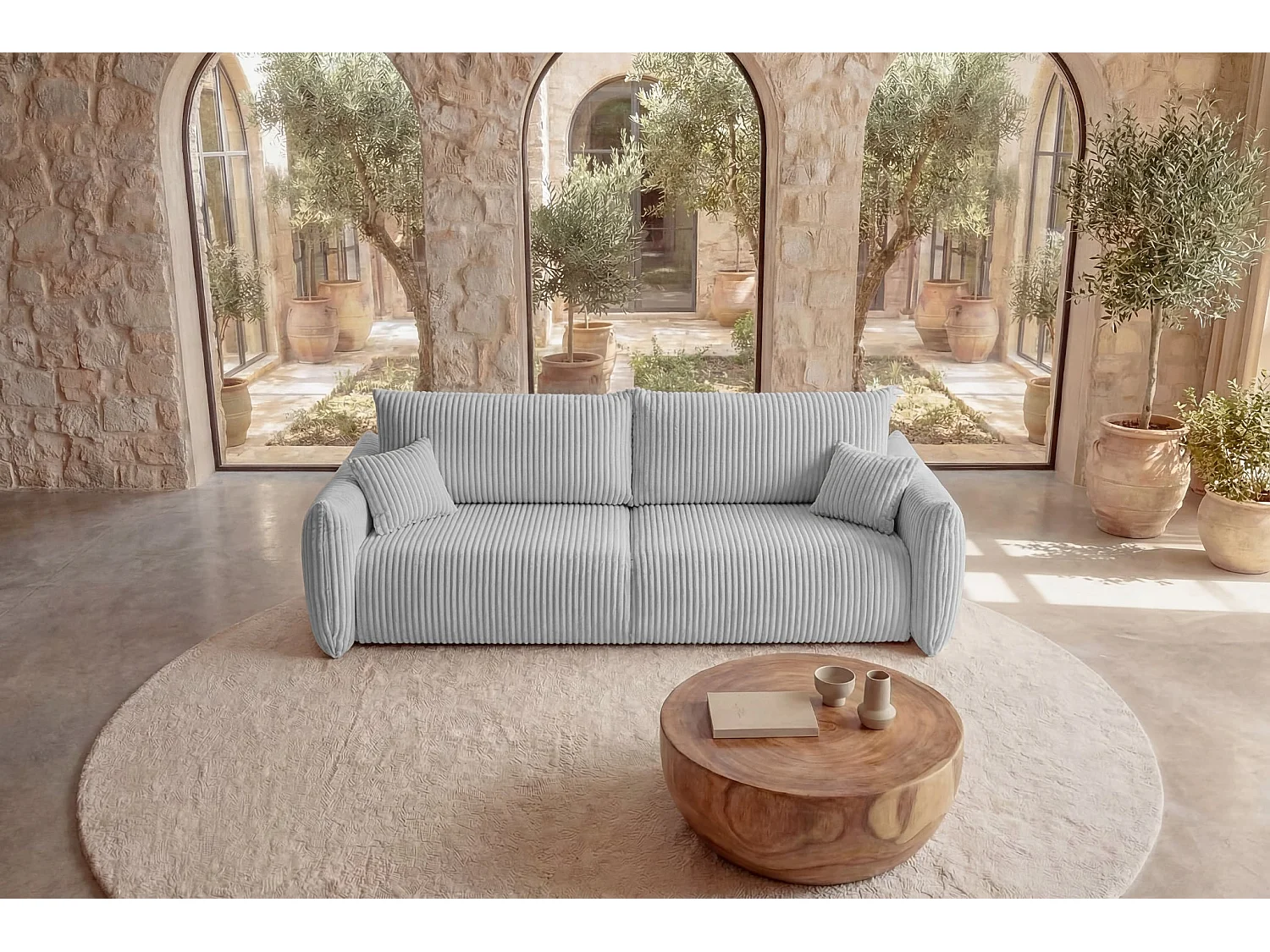 ELIO - Canapé droit convertible gros velours côtelé - Gris clair