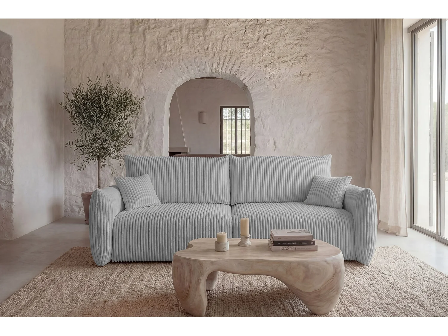 ELIO - Canapé droit convertible gros velours côtelé 3 places - Gris clair