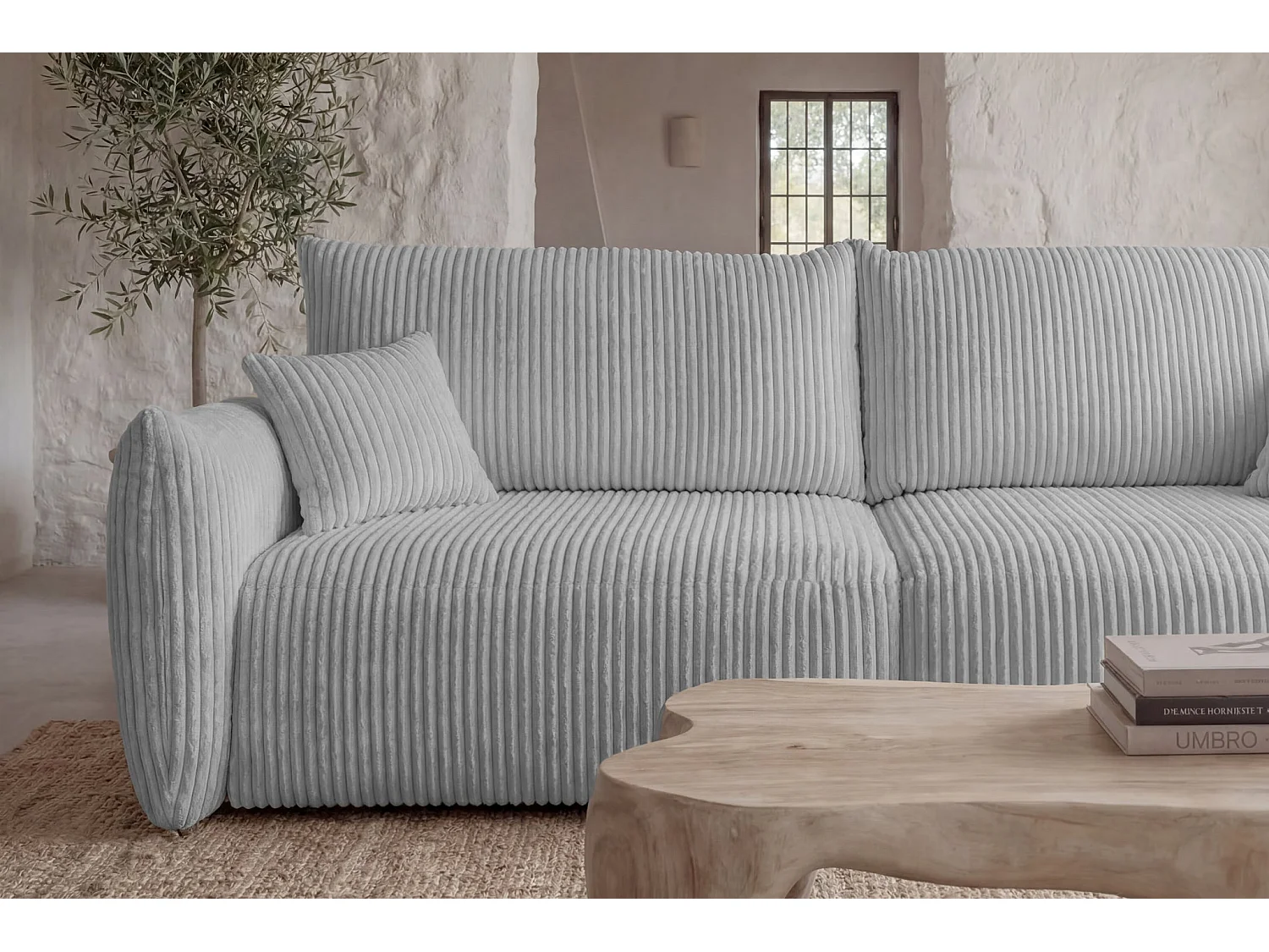 ELIO - Canapé droit convertible gros velours côtelé 3 places - Gris clair