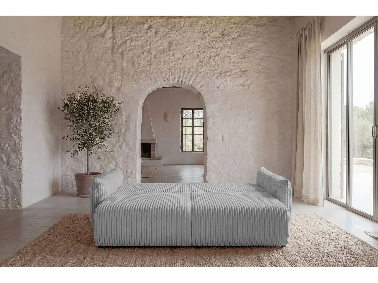 ELIO - Canapé droit convertible gros velours côtelé 3 places - Gris clair