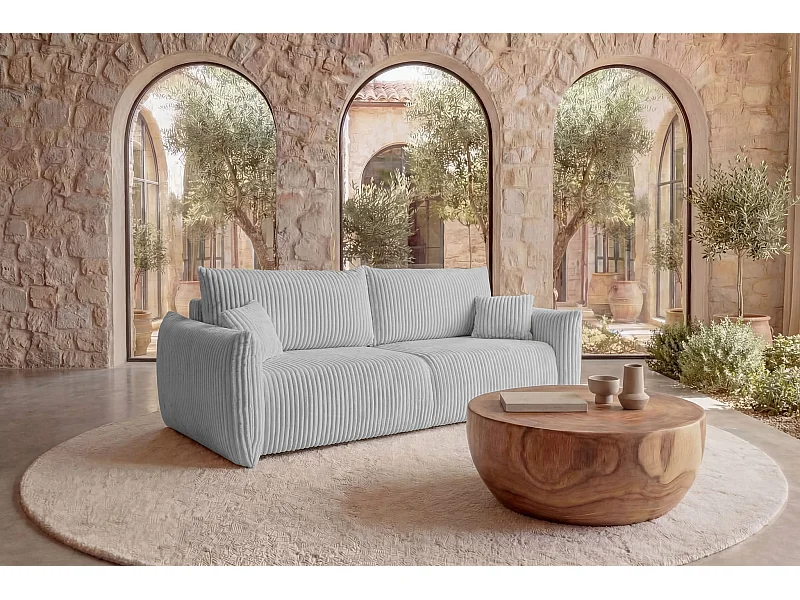 ELIO - Canapé droit convertible gros velours côtelé - Gris clair