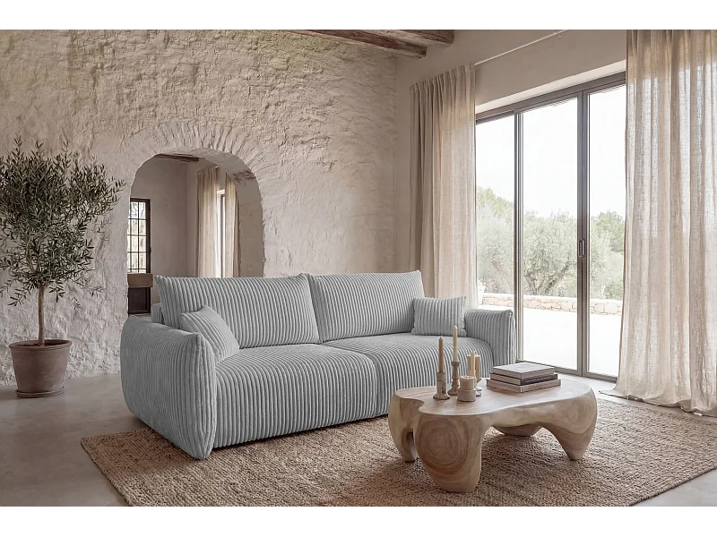 ELIO - Canapé droit convertible gros velours côtelé 3 places - Gris clair