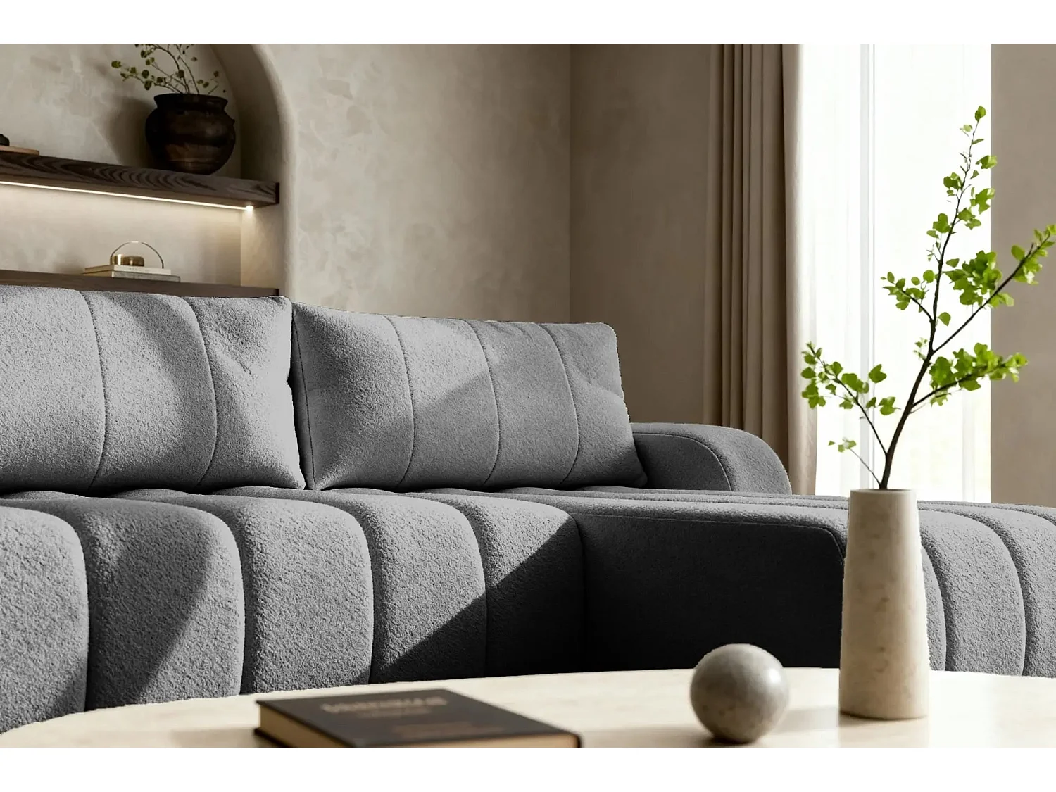 CELESTE - Canapé d'angle convertible tissu bouclette - Gris - Droit