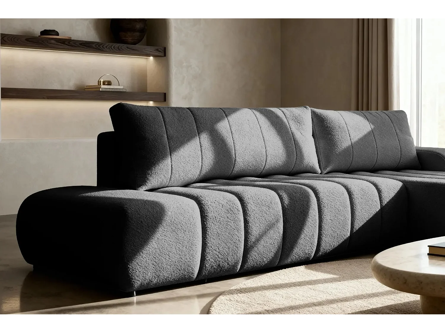 CELESTE - Canapé d'angle convertible tissu bouclette 4 places - Gris - Droit