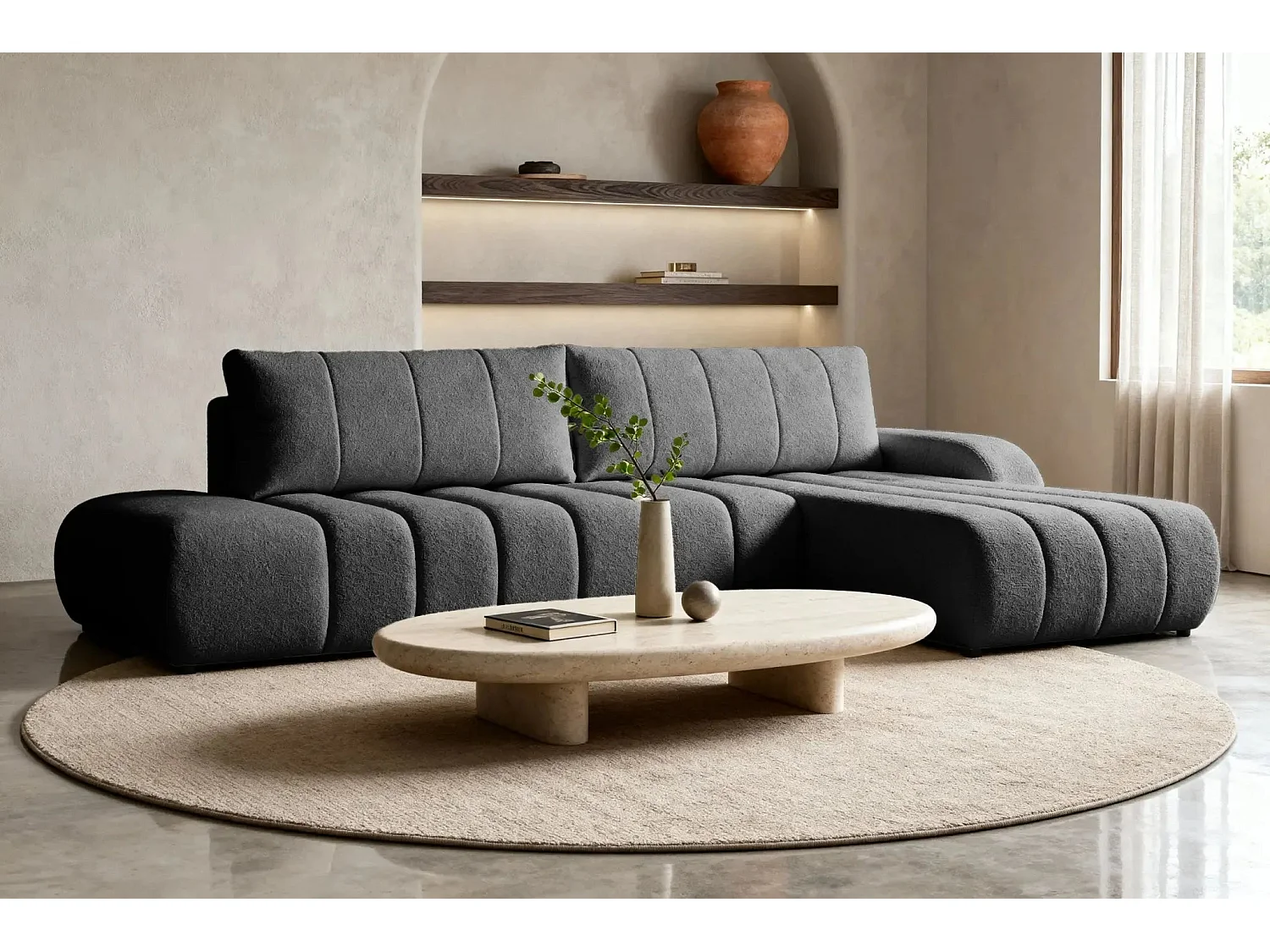 CELESTE - Canapé d'angle convertible tissu bouclette 4 places - Gris - Droit