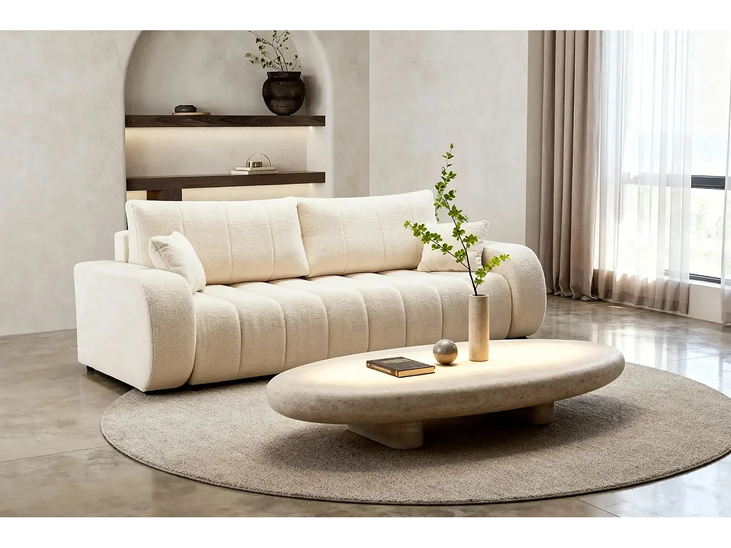 CELESTE - Canapé droit convertible tissu bouclette 3 places - Beige
