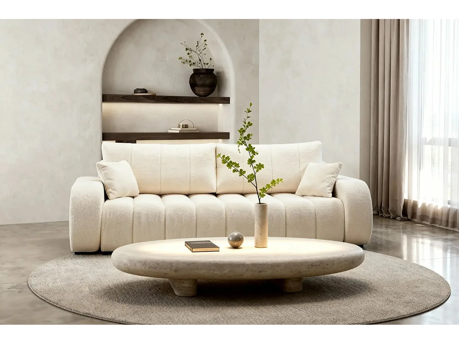 CELESTE - Canapé droit convertible tissu bouclette 3 places - Beige