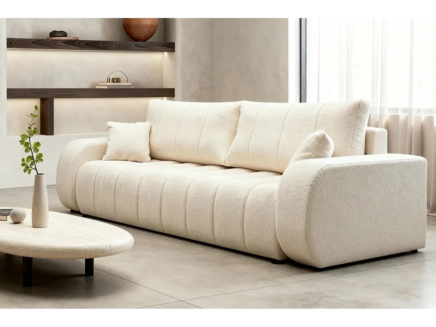 CELESTE - Canapé droit convertible tissu bouclette 3 places - Beige