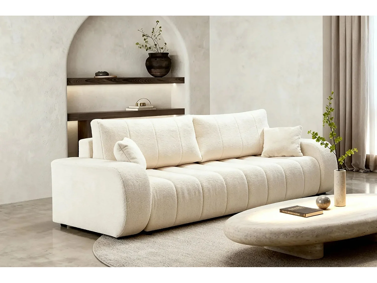 CELESTE - Canapé droit convertible tissu bouclette 3 places - Beige
