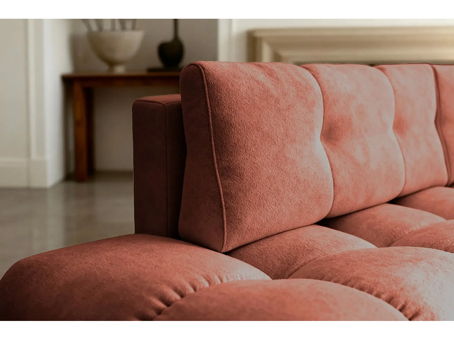 CONSTANCE L - Canapé d'angle convertible tissu chenille 4 places - Café - Droit