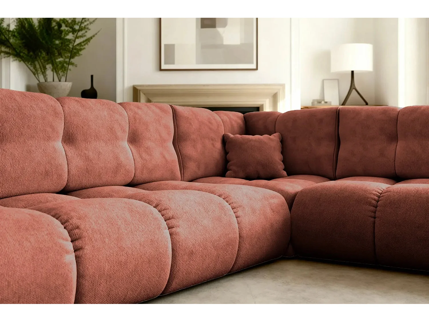 CONSTANCE L - Canapé d'angle convertible tissu chenille 4 places - Café - Droit