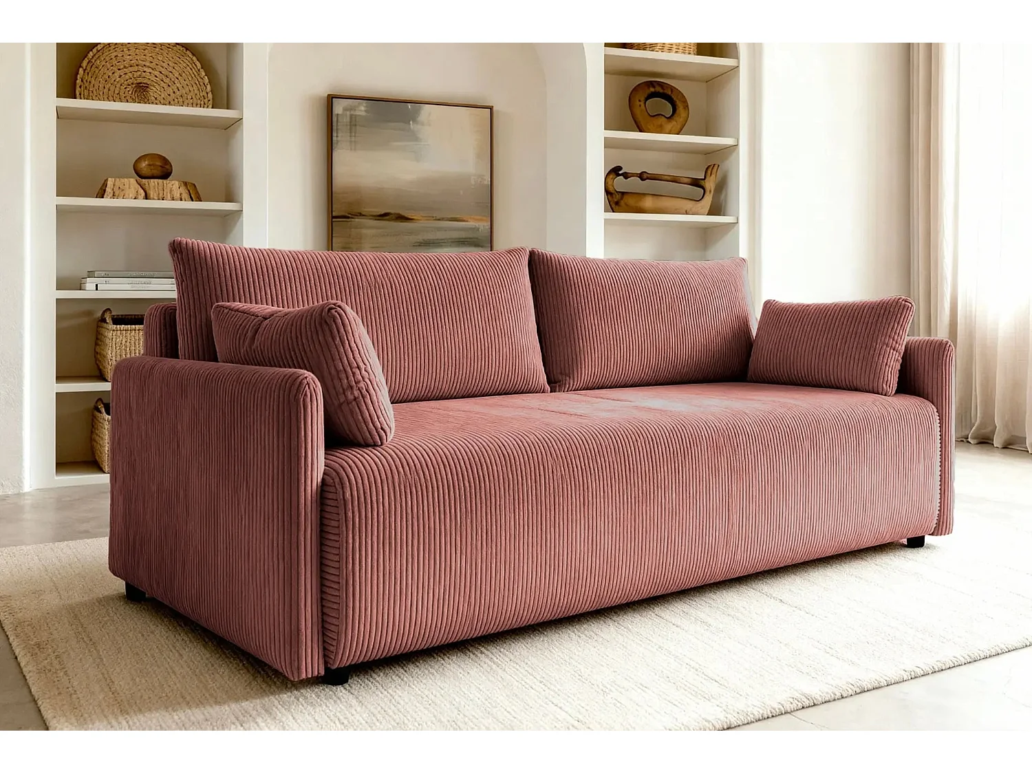 AXELLE - Canapé droit convertible velours côtelé - Rose