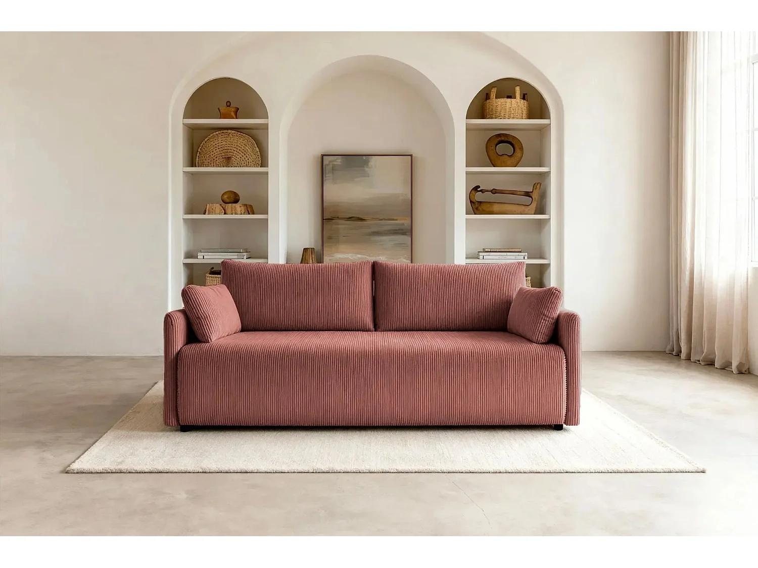 AXELLE - Canapé droit convertible velours côtelé 2 places - Rose