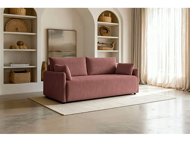 AXELLE - Canapé droit convertible velours côtelé 2 places - Rose