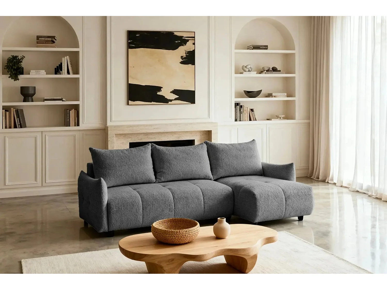 CELINE - Canapé d'angle convertible tissu chenille 4 places - Gris - 128cm