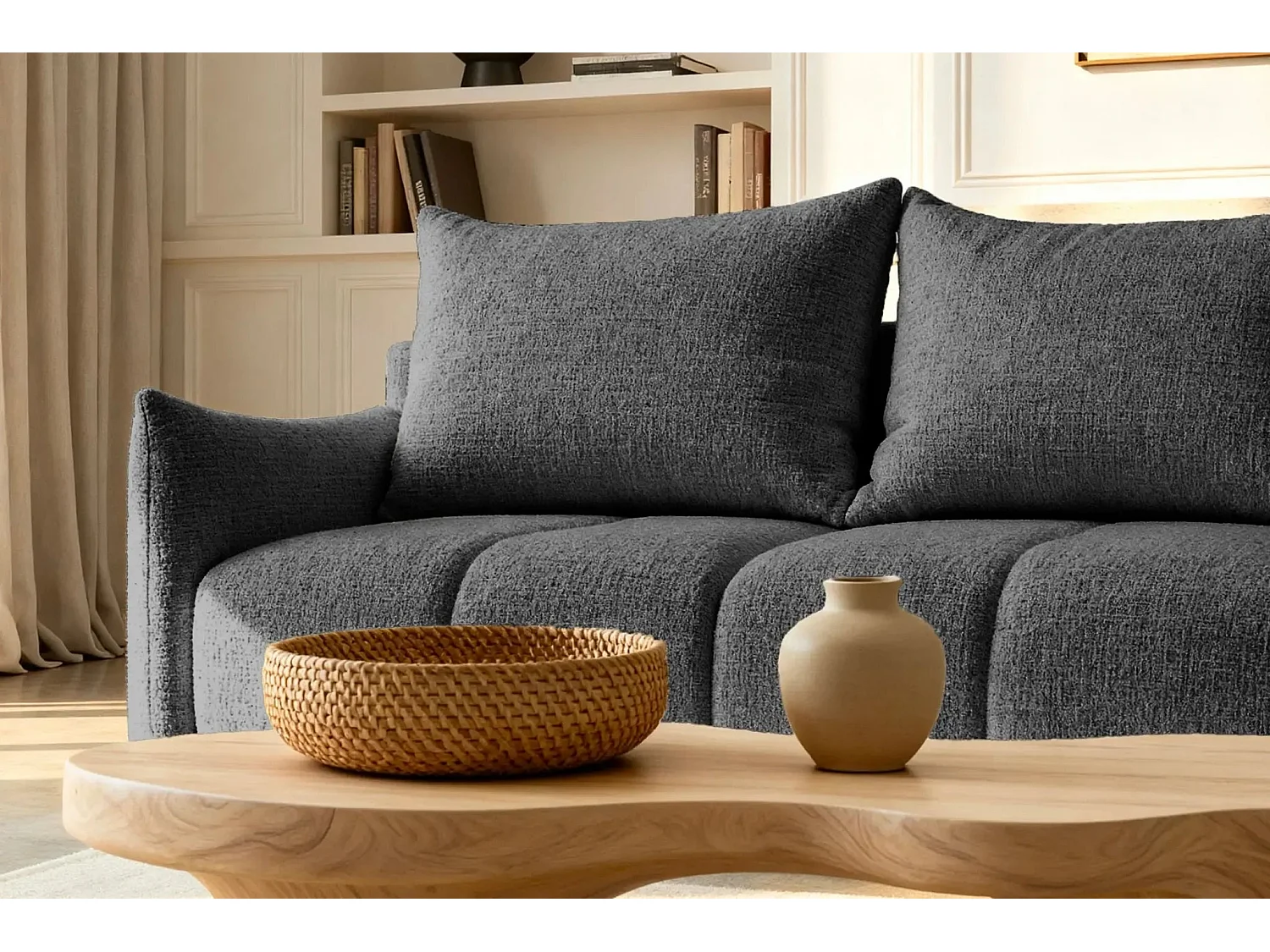 CELINE - Canapé d'angle convertible tissu chenille 4 places - Gris - 128cm