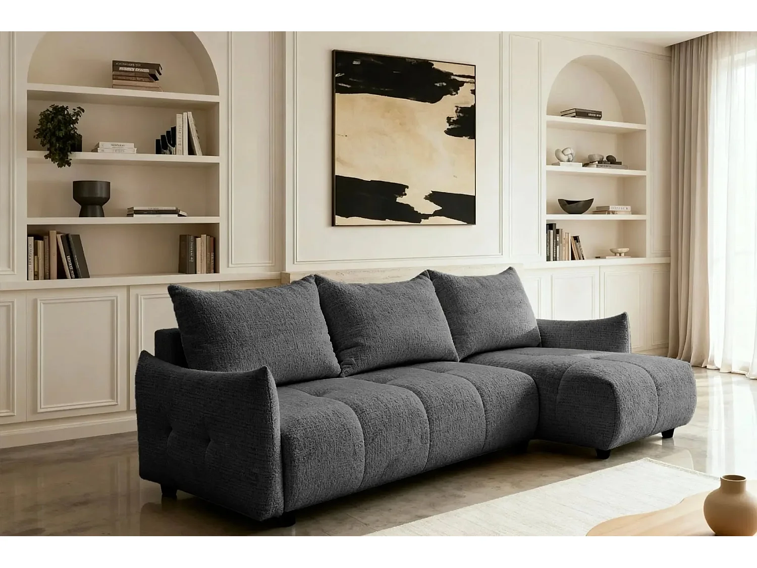 CELINE - Canapé d'angle convertible tissu chenille 4 places - Gris - 128cm