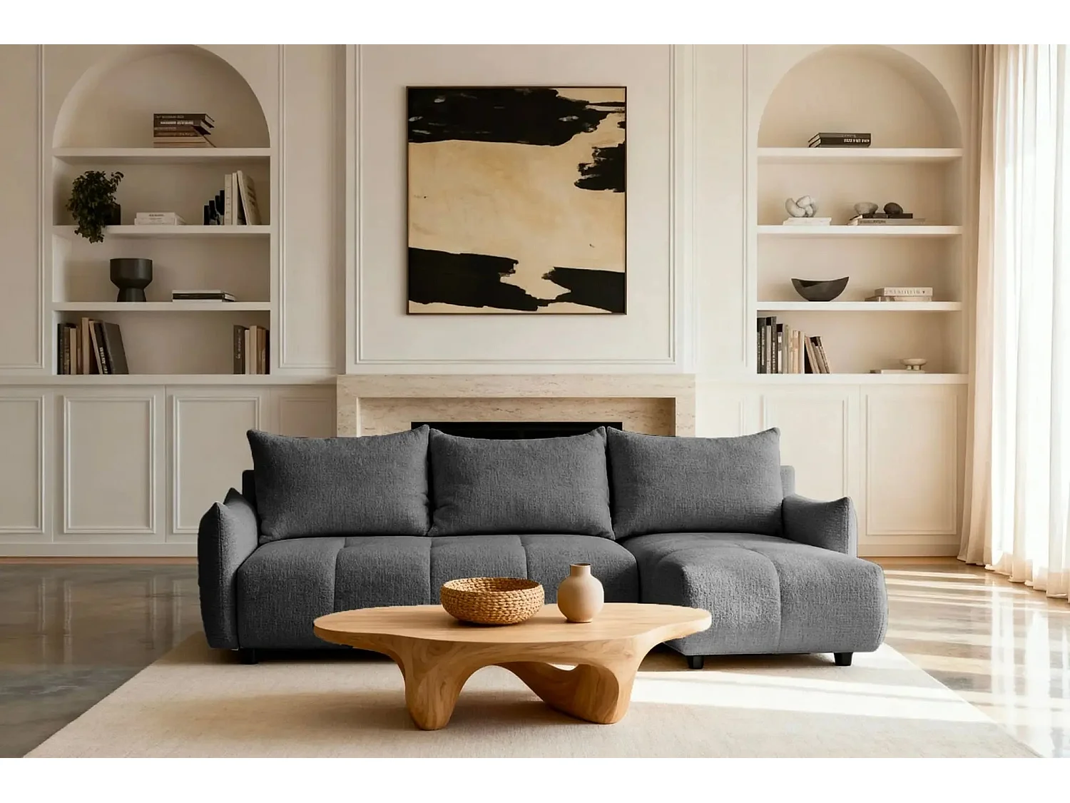 CELINE - Canapé d'angle convertible tissu chenille 4 places - Gris - 128cm