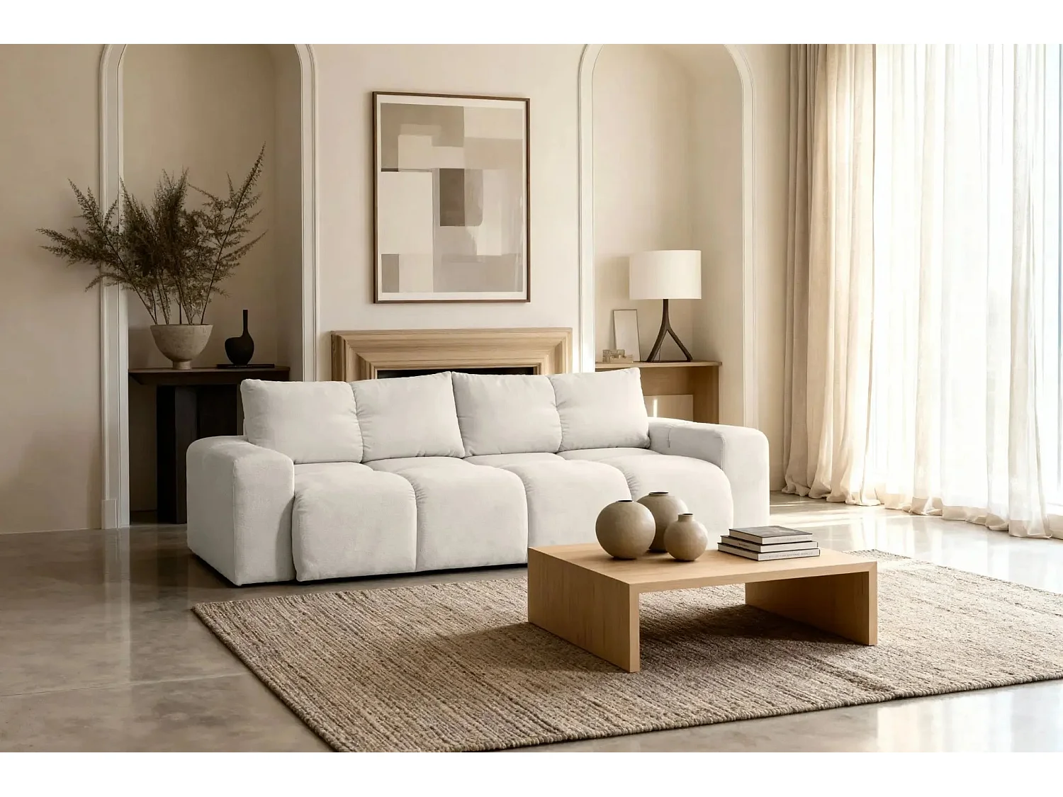 CONSTANCE - Canapé droit convertible tissu chenille - Beige