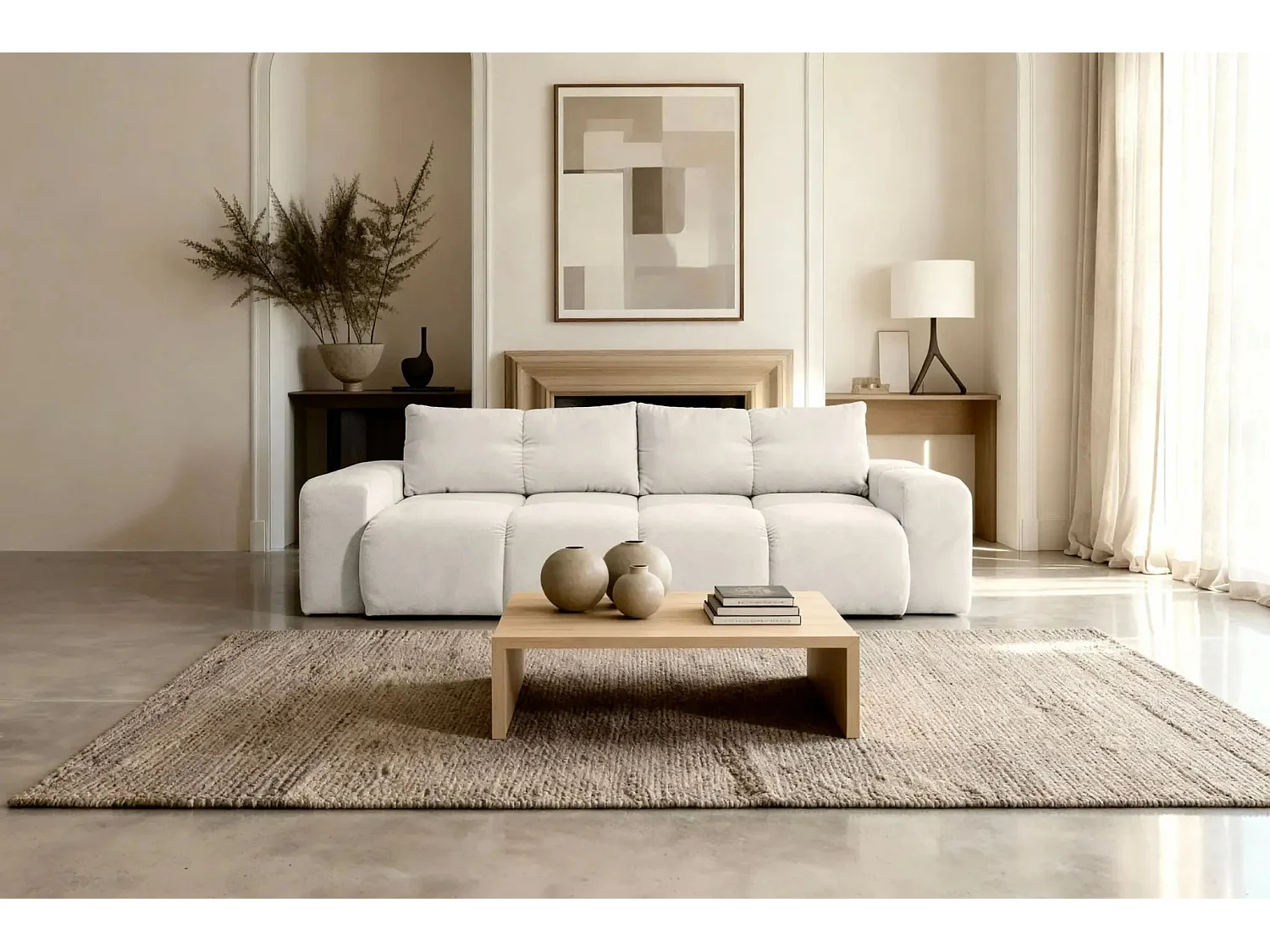 CONSTANCE - Canapé droit convertible tissu chenille - Beige