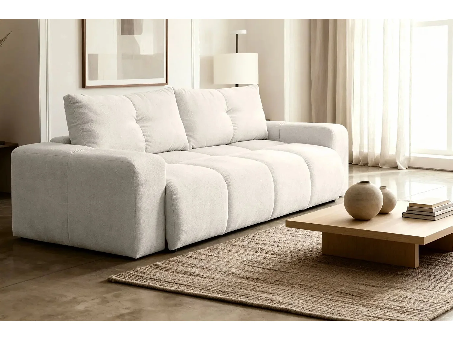 CONSTANCE - Canapé droit convertible tissu chenille - Beige