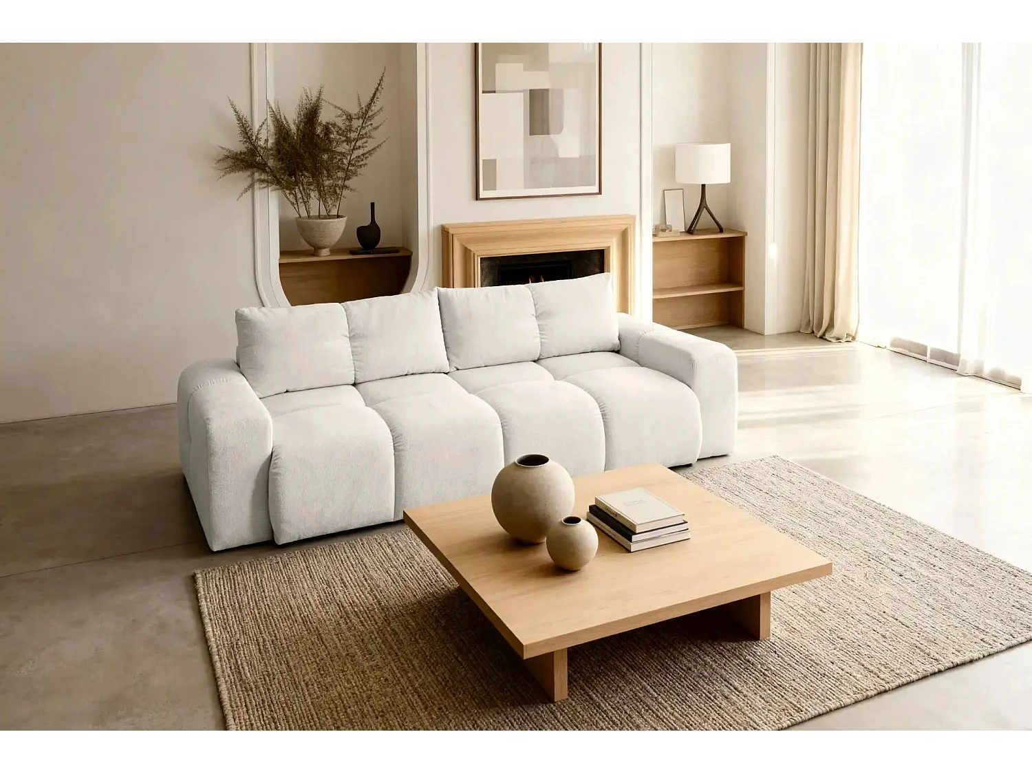 CONSTANCE - Canapé droit convertible tissu chenille 3 places - Beige