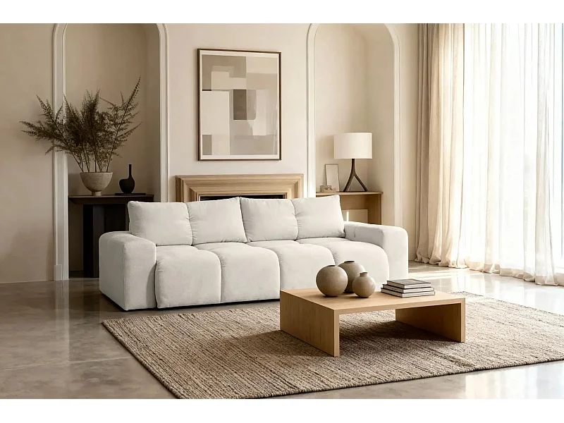 CONSTANCE - Canapé droit convertible tissu chenille - Beige