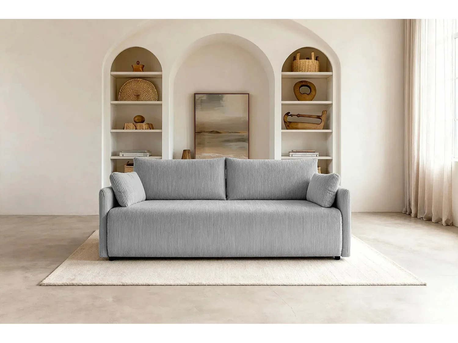 AXELLE - Canapé droit convertible velours côtelé 2 places - Gris clair