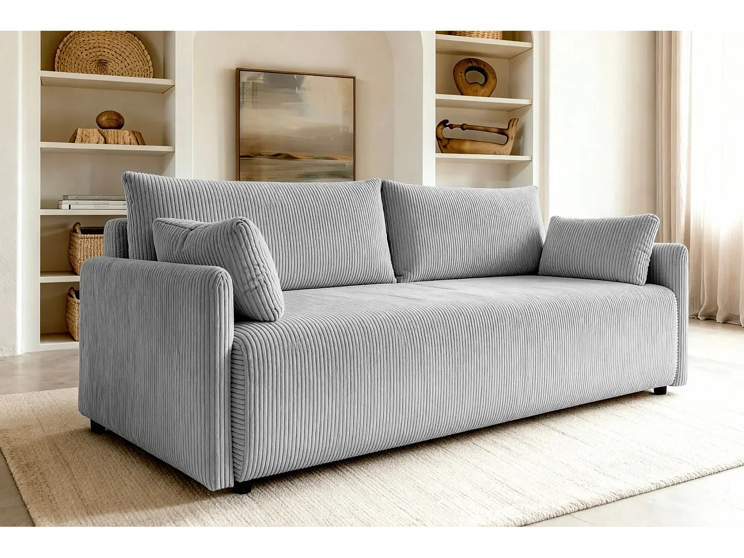 AXELLE - Canapé droit convertible velours côtelé 2 places - Gris clair