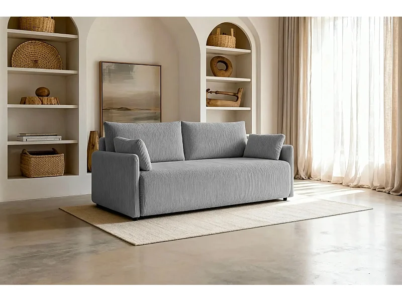 AXELLE - Canapé droit convertible velours côtelé 2 places - Gris clair