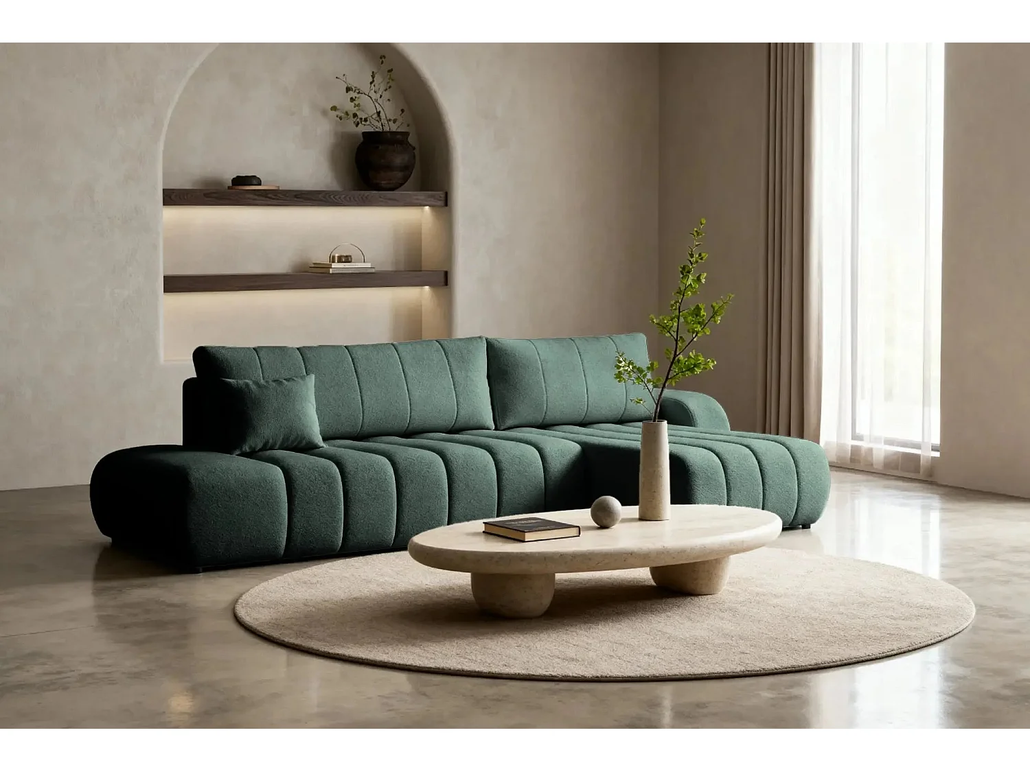 CELESTE - Canapé d'angle convertible tissu bouclette - Vert - Droit