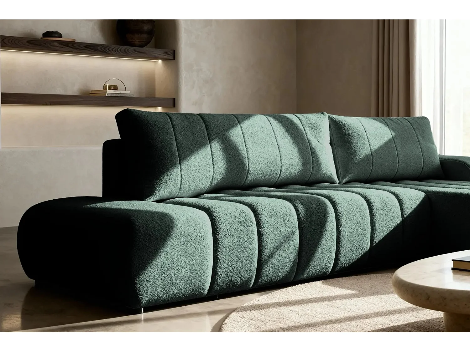 CELESTE - Canapé d'angle convertible tissu bouclette - Vert - Droit