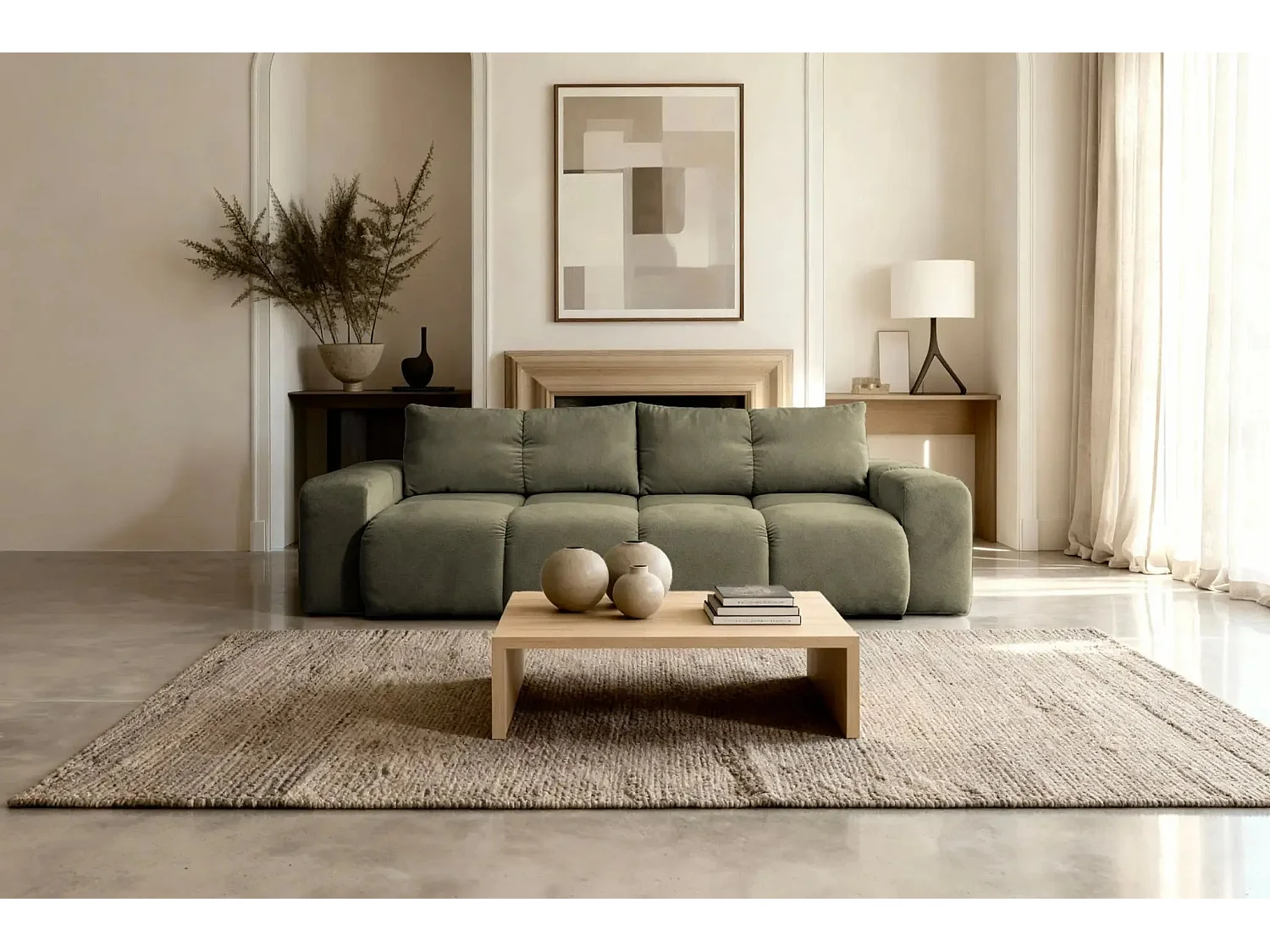 CONSTANCE - Canapé droit convertible tissu chenille 3 places - Vert